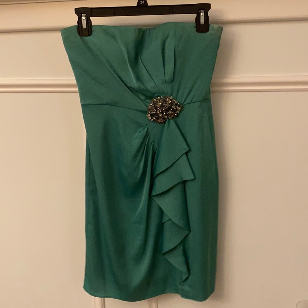 kelly green dress; silver broche: strapless